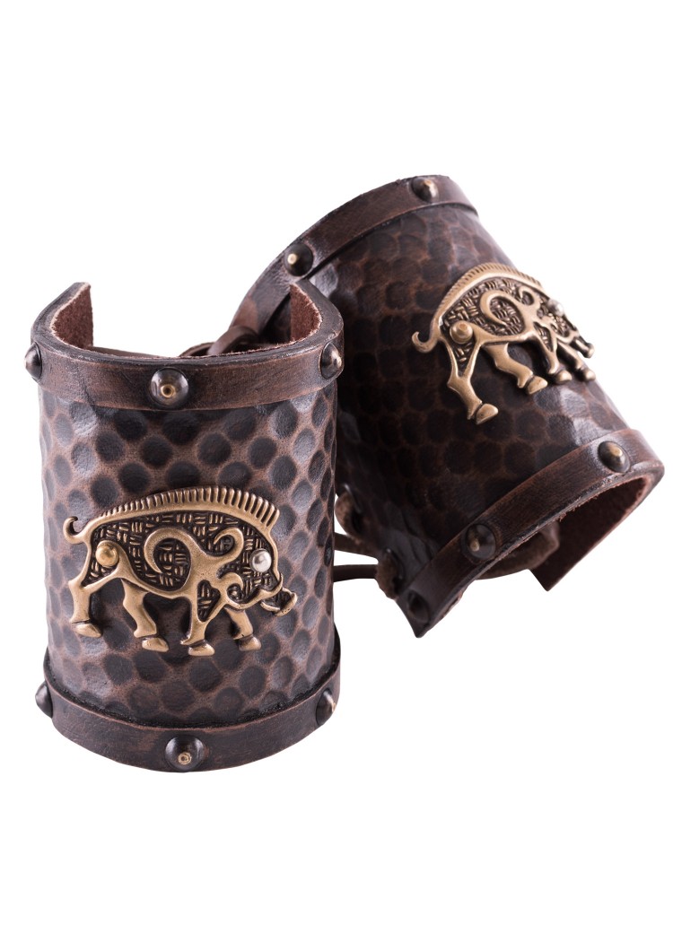 Picture of Battle Merchant - 2 Leather Bracers with Celtic Boar Motif
