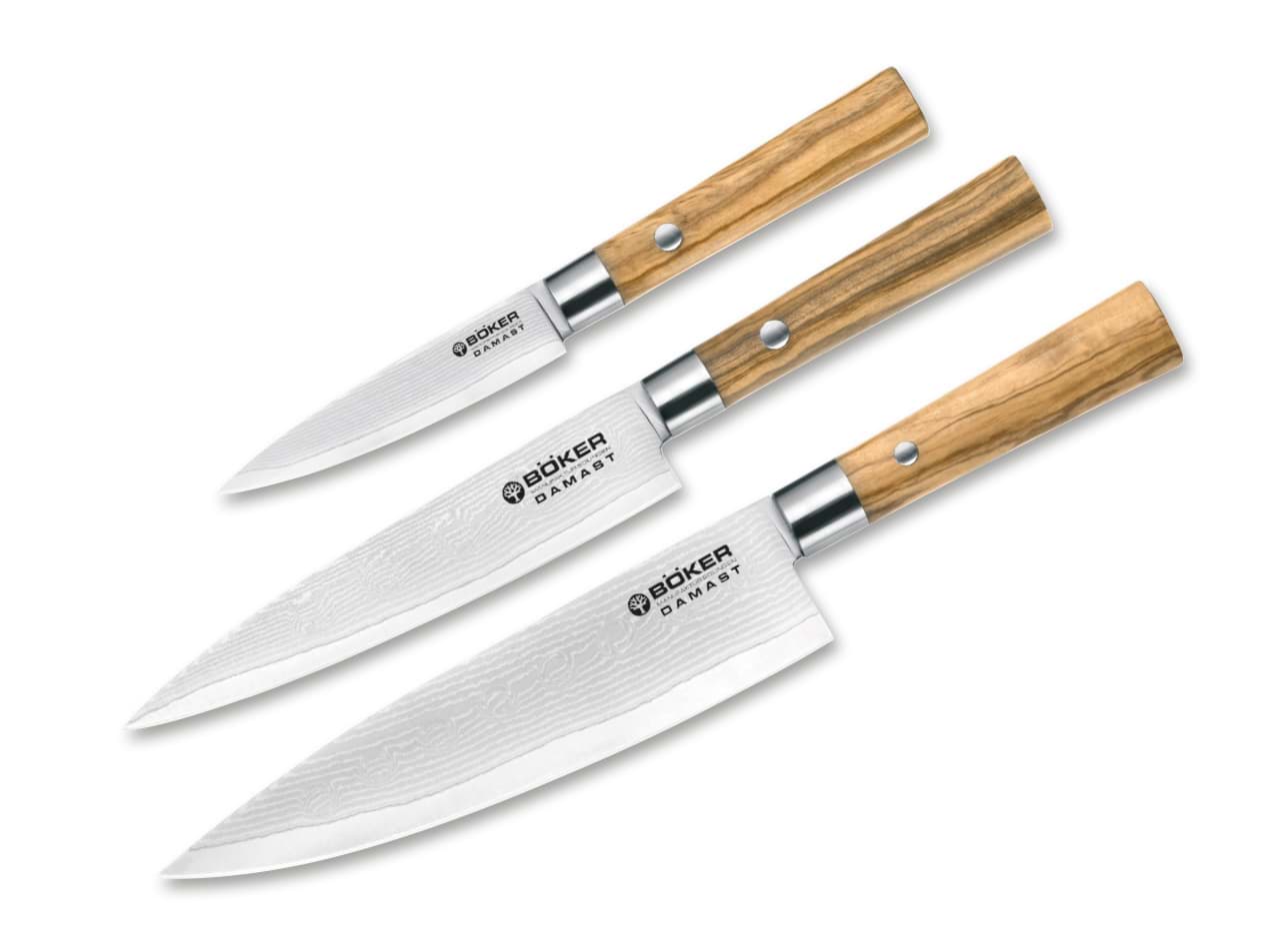 Immagine di Böker - Set di coltelli in acciaio damasco con manico in olivo da 3 pezzi
