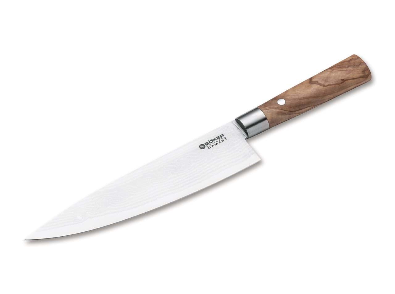 Immagine di Böker - Grande coltello da cucina in acciaio damasco e olivo