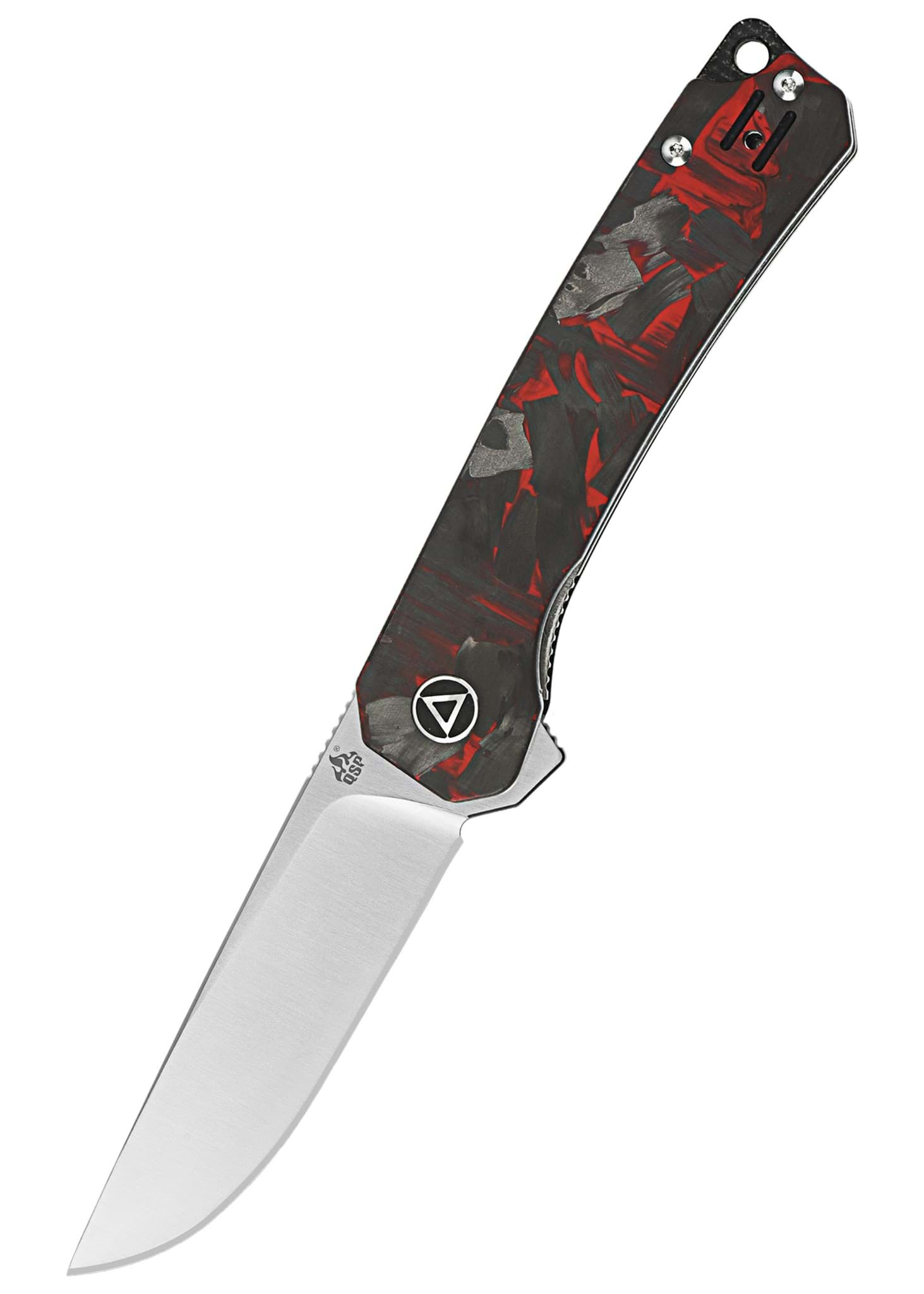 Image de QSP Knives - Osprey 14C28N Satin avec Overlay en CF Shredded et G10 Rouge