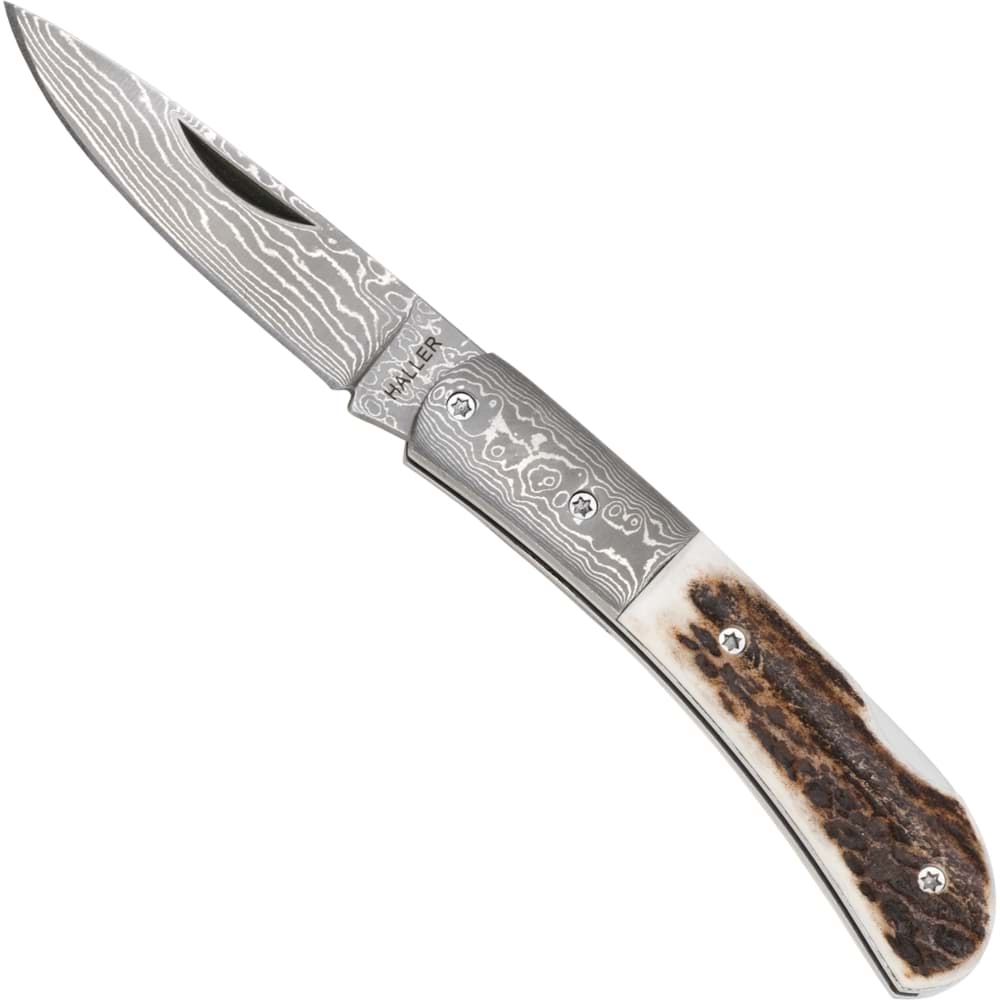 Immagine di Haller - Coltello a tasca in acciaio damasco con manico in corno di cervo