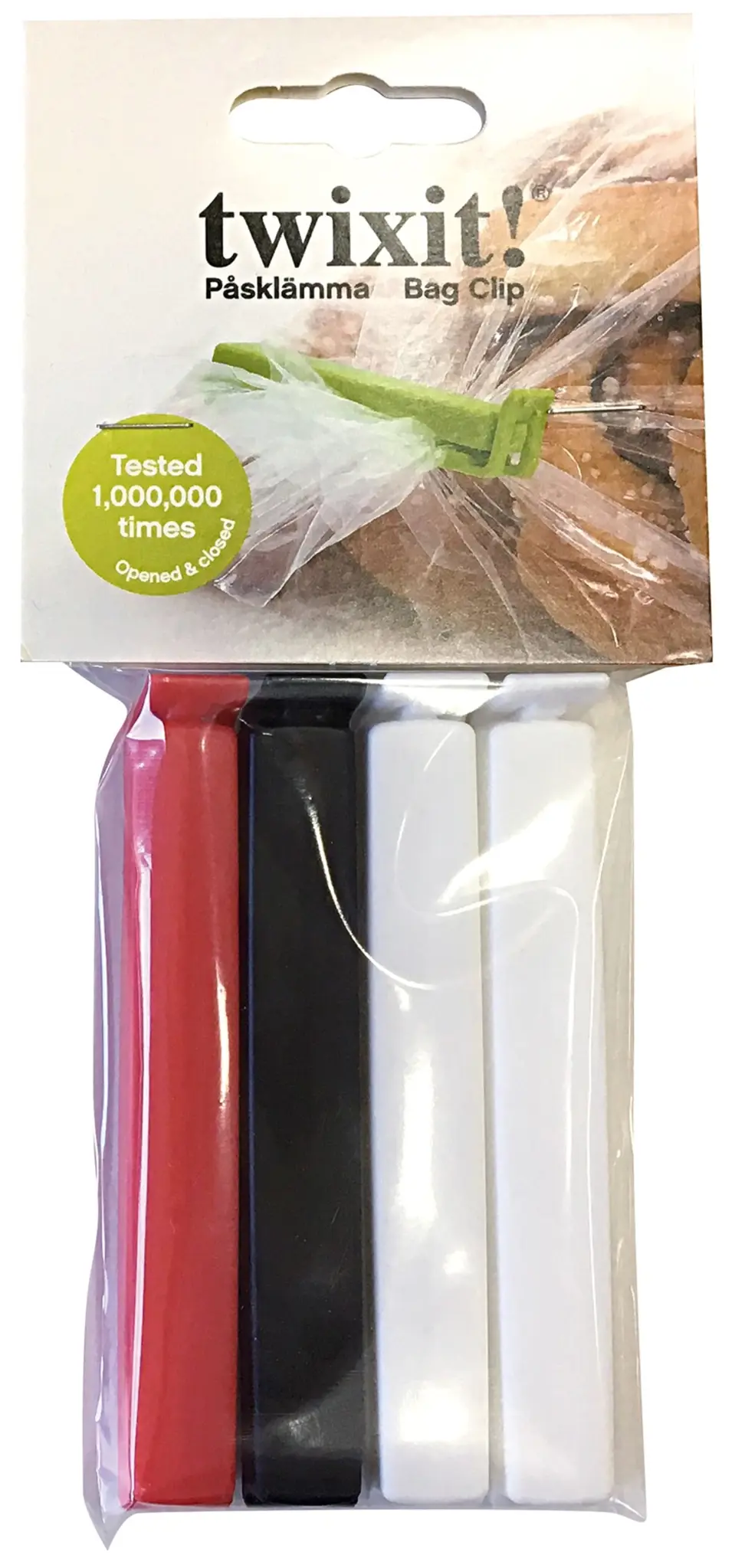 Picture of DaloLindén - Bag Clips 11 cm 1xred 1xblack 2xwhite Polybag and Hanging Card