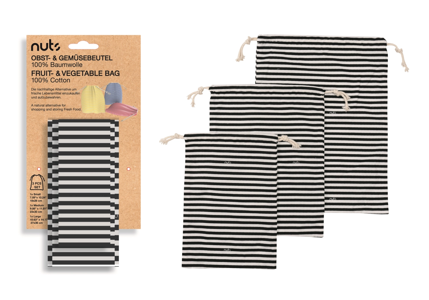 Picture of Nuts Innovations - 3er Set Bag Cotton Stripes b/w 27 x 36 23 x 30 18 x 26 cm