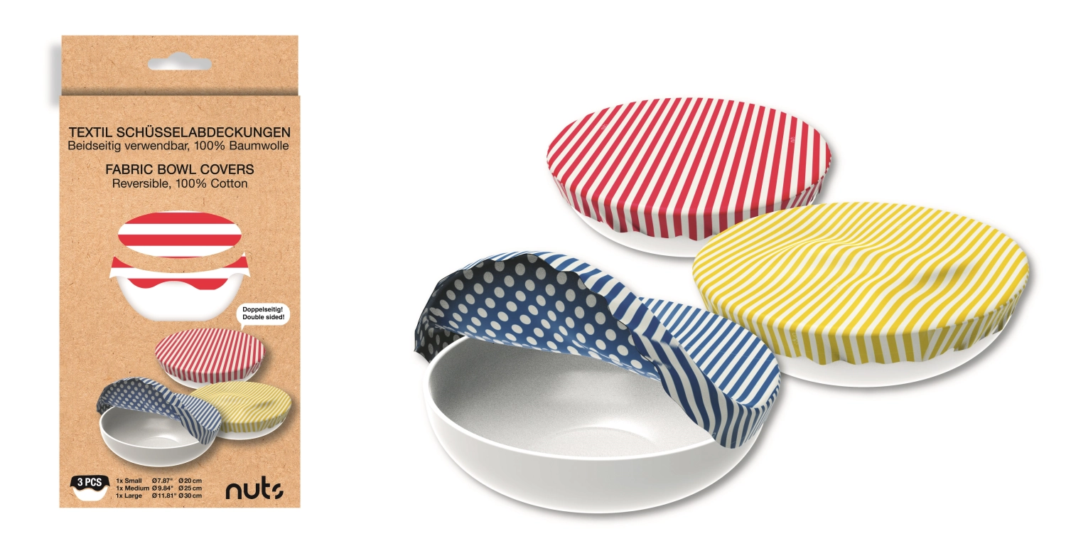 Image de Nuts Innovations - 3er Set de couvercles de bol en coton rond bleu/jaune/rouge 30.2