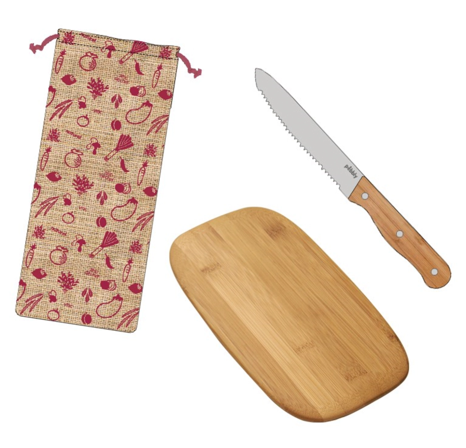 Image de Pebbly - 3er Set Planche à Découper Apéritif Couteau à Saucisson Sac