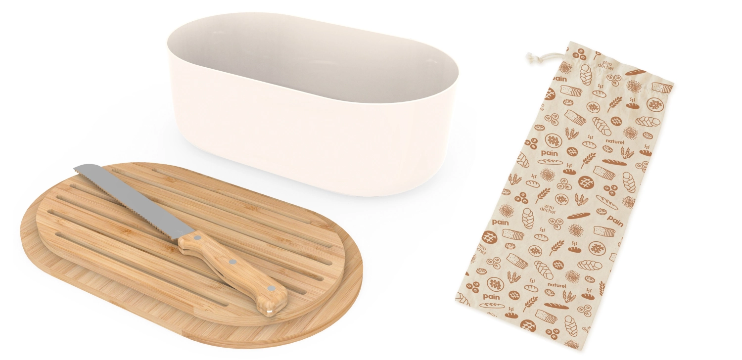 Picture of Pebbly - Bread Box with Cutting Board, Knife, Bread Bag Cream